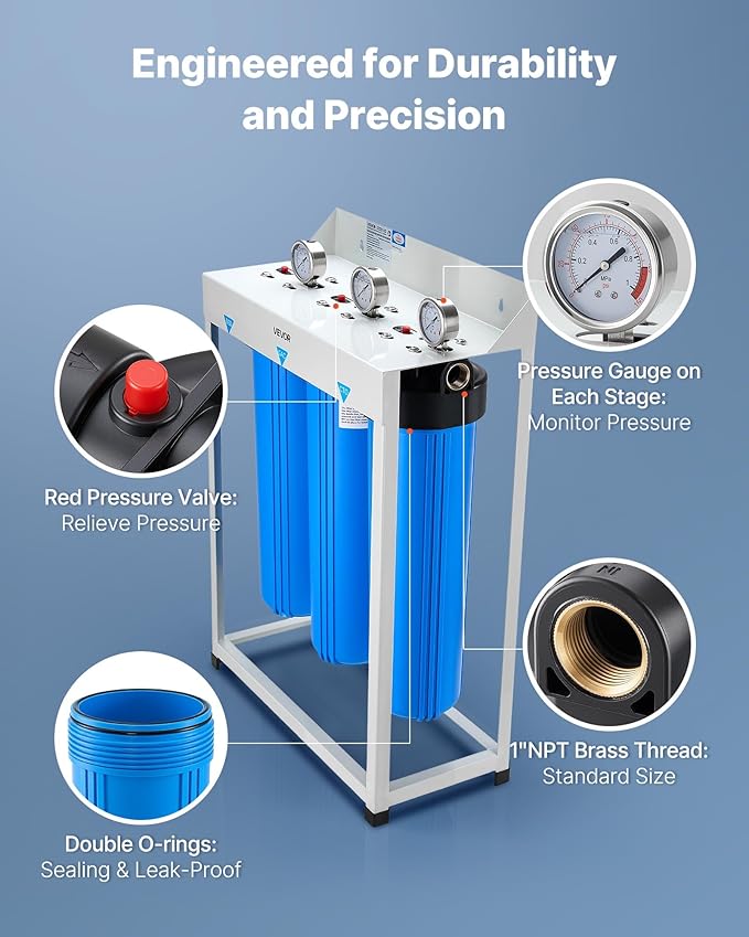 VEVOR Whole House Water Filter System, 3-Stage | Sediment, GAC, CTO | 20 x 4.5 Granular Activated Carbon Home Water Purifier Filter, Reduce Chlorine, Chemicals, VOCs, Bad Taste, Odor, Rust