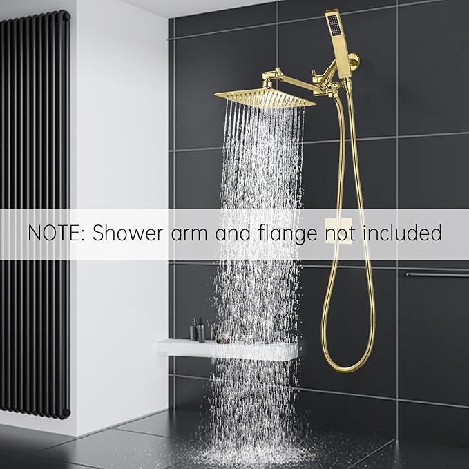G-Promise All Metal 8 Inch Dual Square Shower Head with Handheld Spray Combo, Rain Shower Head, Adjustable Extension Arm, 3-Way Diverter, 71 Inch Extra Long Hose - A Bathroom Upgrade (Polished Brass)