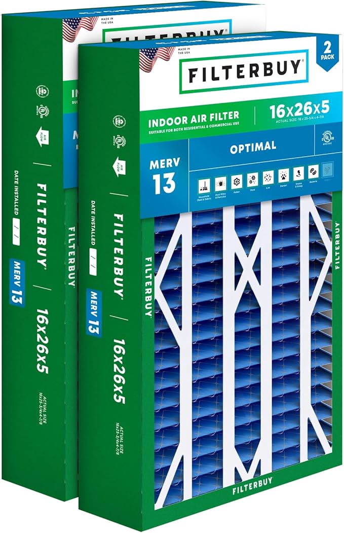 Filterbuy 16x26x5 Air Filter MERV 13 Optimal Defense (2-Pack), Pleated HVAC AC Furnace Air Filters for Electro-Air, Emerson, White Rodgers, & Comfort Plus (Actual Size: 16.00 x 25.75 x 4.88 Inches)