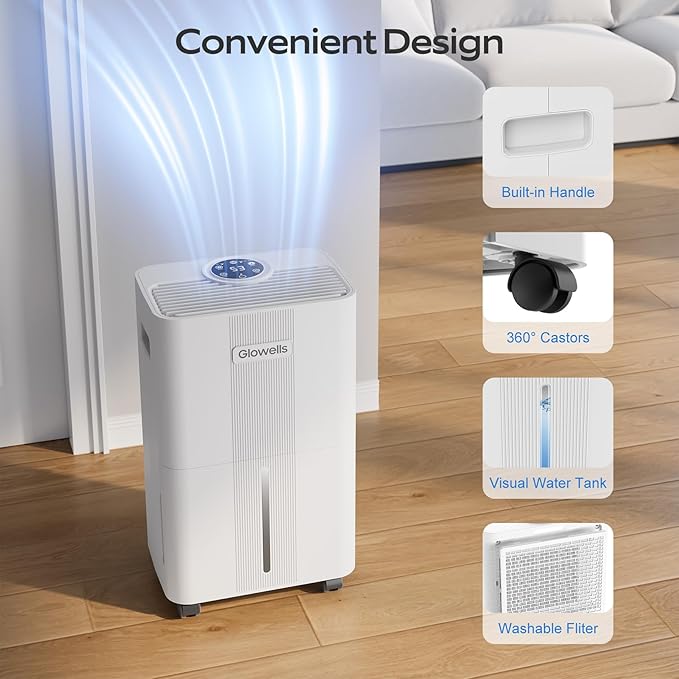 500 Sq.ft Dehumidifiers for Home, Glowells 8 Pints Dehumidifier with Drain Hose, 3 Modes, 24H Timer, Auto Defrost