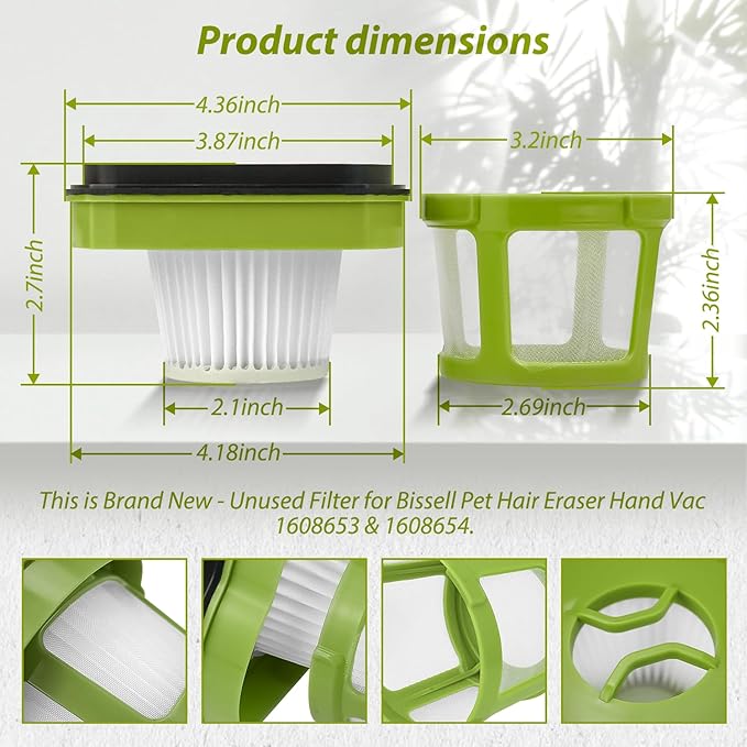 HASMX Replacement Vacuum Filter for Bissell Pet Hair Eraser Hand Vacuum Cleaner Models 1782 17823 Replaces Part Numbers 160-8653 160-8654 1608653 1608654 (2)