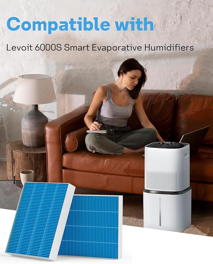 12-Pack 6000S Humidifier Wick Filter Replacement for LEVOIT Superior 6000S Smart Evaporative Humidifier, Upgraded Material with 9 Pack Sponge Filters