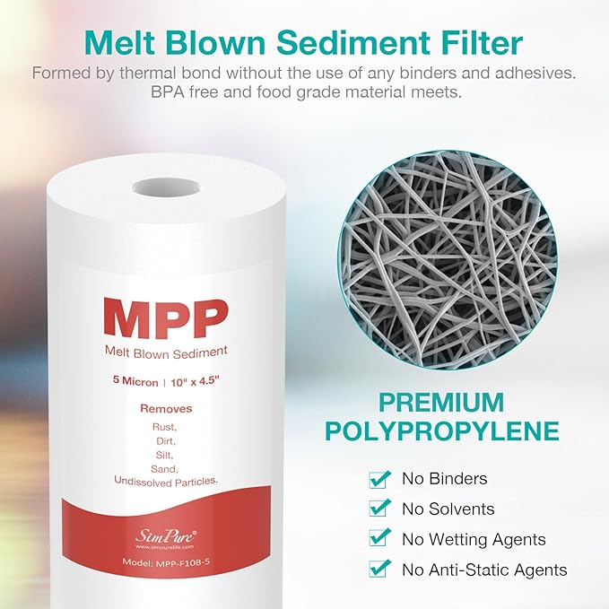 10" x 4.5" Whole House Sediment Water Filter, SimPure 5 Micron 10-inch Big Water Filter Replacement Cartridge Compatible with W15-PR, DGD-5005, FP15B, HD-950A, GXWH35F, GXWH30C for Well Water 4-Pack