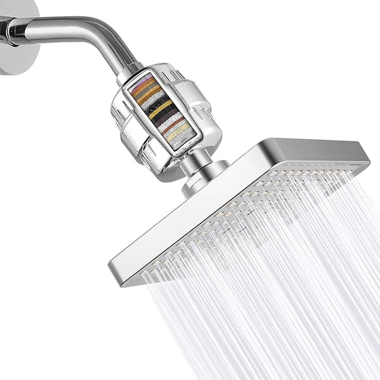 High Pressure Filtered Shower Head Set, 6’’ Rain Shower Filter for Hard Water, Universal Square Showerhead 20 Stage Filtration Removes Impurities for Rejuvenated Skin by Eolax, Chrome