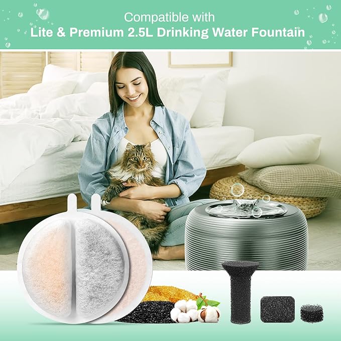 12 Pack Cat Water Fountain Filters for Lite & Premium 2.5L Drinking Fountain, Activated Charcoal and Ion Exchange Resin for Water Filtration, Replacement Filter/Foam/Sponge for 84 fl oz Pet Fountain