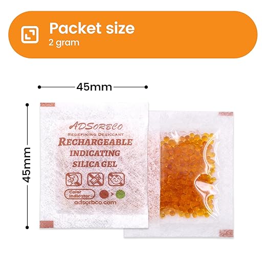 Adsorbco Rechargeable Desiccant, Indicating Silica Gel Packets, Moisture Absorbers for Storage, Gun Safe Dehumidifiers (100, 2g)