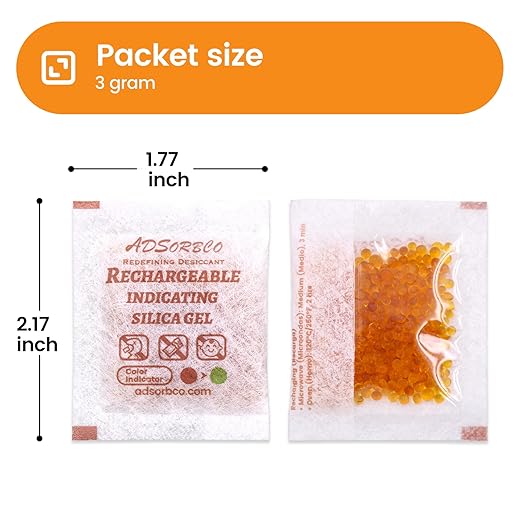Adsorbco Rechargeable Desiccant, Indicating Silica Gel Packets, Moisture Absorbers for Storage, Gun Safe Dehumidifiers (160, 3g)