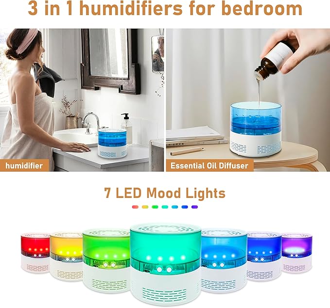 Small Humidifiers for Bedroom, 3in1 Desk Humidifier for Office USB with Essential Oil Diffuser 7LED Quiet Easy Clean, Portable Humidifiers for Travel Home Plant Nightstand Hotel Nursery