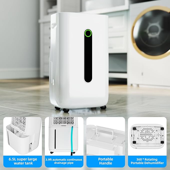 5000 sq.ft dehumidifier for basements with drain Hose, 80 pint dehumidifiers for home with 1.7 Gallons large Water Tank and 4 Modes Operation Auto Shut-off,24H Timer,Child Lock,Defrost,Silent