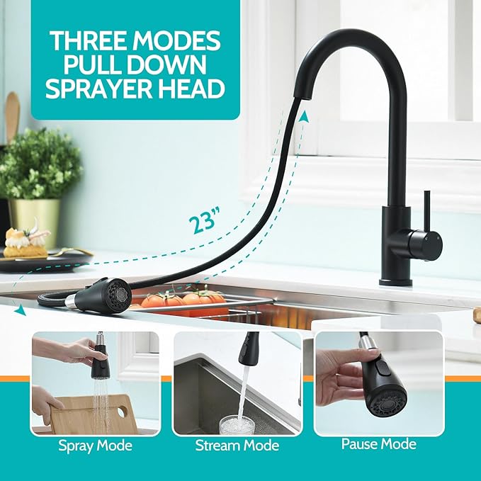 Kicimpro Matte Black Kitchen Faucet with Pull Down Sprayer, 304 Stainless Steel, 23-Inch Extended Hose Design, Three Water Functional Ways, Easy Installation