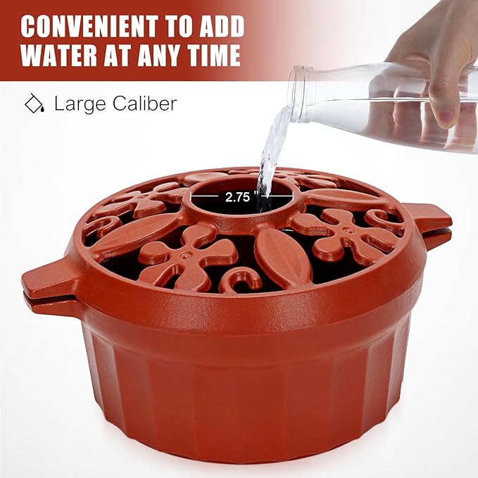 G GOOD GAIN Wood Stove Steamer - Cast Iron Round Bowl Fire Place Stove Humidifier Pot with Large Opening Top for Home Heating Decorative | Matte Finish & 2.7 Quart, OrangeRed
