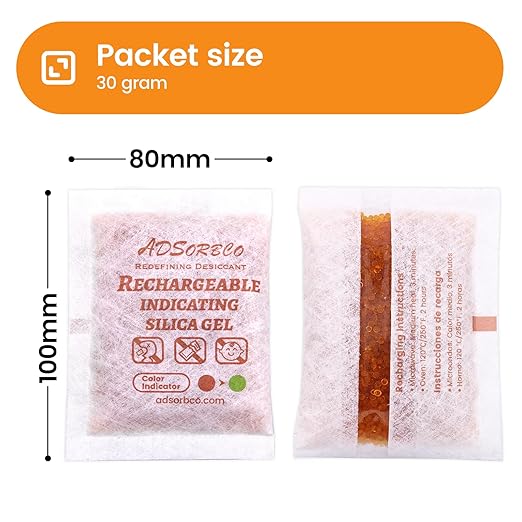 Adsorbco Rechargeable Desiccant, Indicating Silica Gel Packets, Moisture Absorbers for Storage, Gun Safe Dehumidifiers (60, 10g)