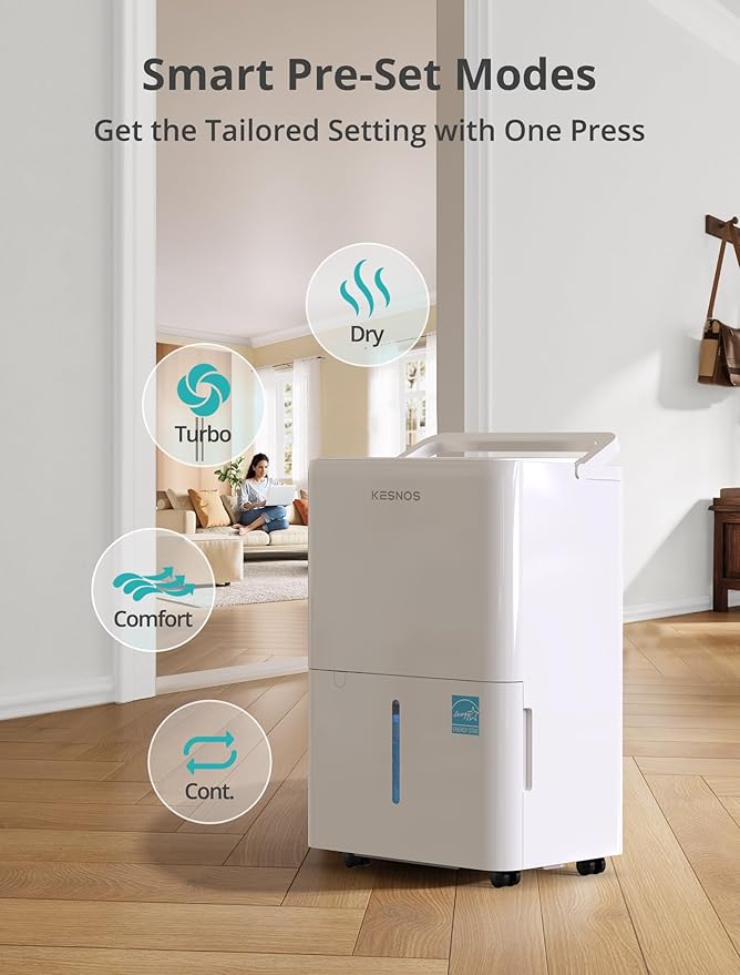 Kesnos 30 Pints Energy Star Dehumidifier for Spaces Up to 2,500 Sq. Ft, Quiet Dehumidifier for Home, Bedroom, Bathroom, Basement with Drain Hose, Featuring Mutile Mode, Auto Defrost, Timer Function