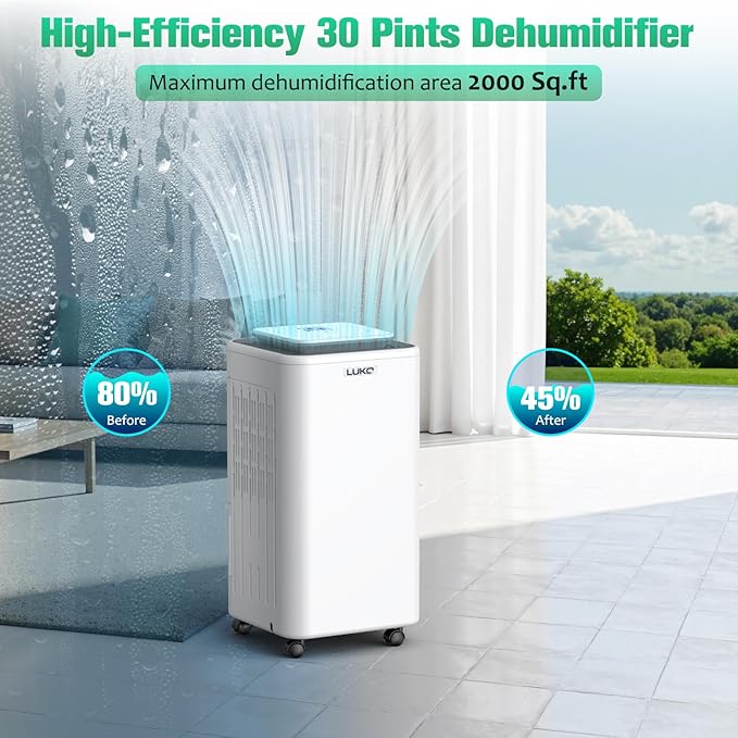 LUKO 2000 Sq. Ft Dehumidifiers for Large Room and Basements, 30 Pints Dehumidifier with Drain Hose, Auto or Manual Drainage, 0.528 Gallon Water Tank, Auto Defrost, Dry Clothes Function, 24H Timer