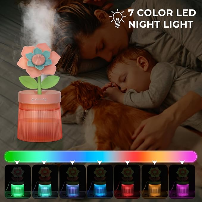 Cute Flower Mini Humidifier, 260ml Gardenia Desktop Humidifiers for Bedroom, Portable Small Cool Mist Humidification for Home, Baby Nursery, Office & Indoor Plants, USB Powered (Pink)