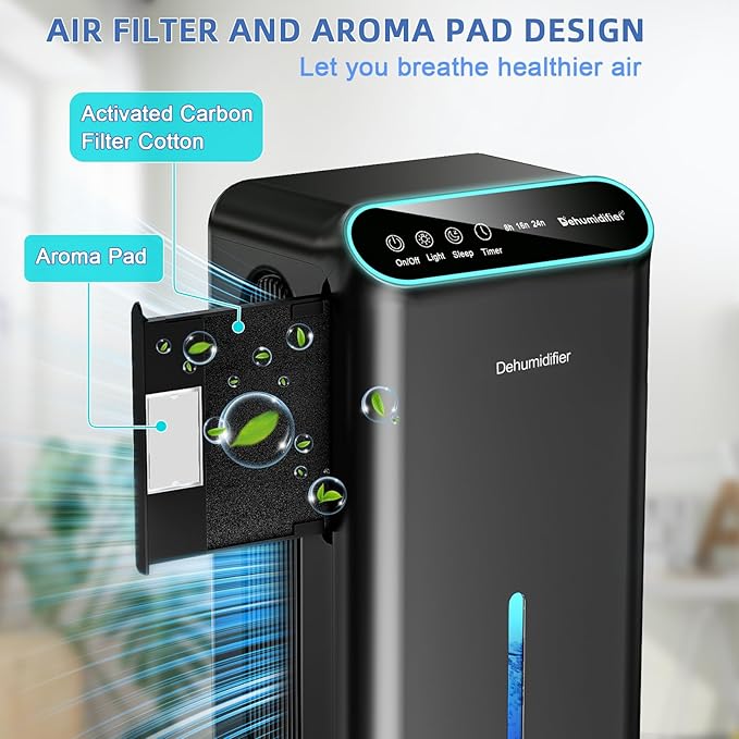 Dehumidifiers for Home, Up to 800 Sq.ft, 86oz Water Tank, Dehumidifiers for Bedroom with Essential Oil Diffuser, 7 Color LED Light, 24H Timer, Auto Shut-off, Ideal for Bathroom Basement Closet RV