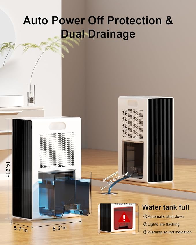 Dehumidifier for Home, 95 OZ Water Tank, (1000 sq.ft) Dehumidifiers for Bathroom Bedroom Basement RV with Drain Hose, Auto Shut Off White