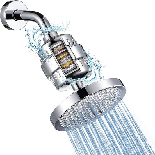 Filtered Shower Head with 15 Stage Water Softner Shower Filter for Hard Water,Reduces Chlorine and Heavy Metals,Powerful Shower Heads High Pressure (6" Round,Polished Chrome)