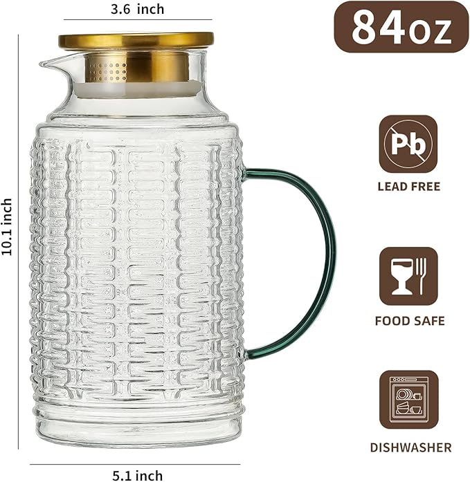 Glass Pitcher with Lid,84 oz/2.5 Liter Vintage Water Pitcher, Clear Borosilicate Glass Water Carafe for Cold Brew, Coffee, Lemonade, Iced Sun Tea, Juice, Beverage, Milk, Heat Resistant