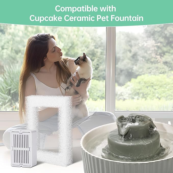 16 Packs Cat Water Fountain Filter for 2.1L/71oz Cupcake Ceramic Cat Dispenser, 16 Carbon Filters & 4 Foam Filters for Porcelain Pet Water Fountain, Multi-Filtration System Activated Carbon Filter