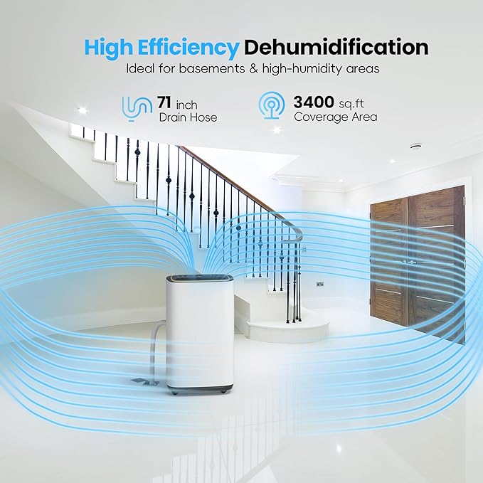 3400 Sq.Ft Dehumidifier, 34PT/24H Dehumidifiers with Drain Hose for Home, Large Compressor Dehumidifier for Basement/Laundry/Bedroom/Office, Dehu/Dry/Air Mode, Humidity Display/Timer/Child Lock