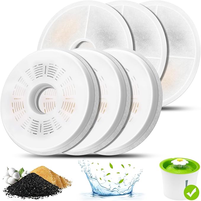 Cat Water Fountain Filters, 6 Pack Triple Action Water Fountain Filters, Replacement Cat Drinking Fountain Filters, Activated Carbon Filter Compatible with 3L Flower Pet Water Dispenser Fountain