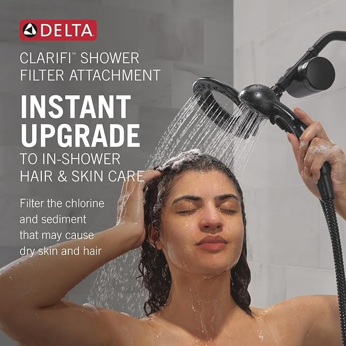Delta Faucet 4-Setting In2ition 2-in-1 Dual Shower Head with Clarifi Standard Shower Filter Attachment and Filter, Black Shower Head with Filter, Filtered Shower Head, Matte Black 7SF110BBL