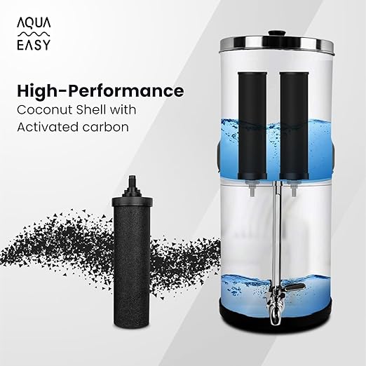 AquaEasy NSF/ANSI 372 Certified Stainless Steel Gravity Water Filter System with Tap (2.25 Gallon) with 2X Activated Carbon Filter, Countertop Water Filtration System with Tap (Lite)