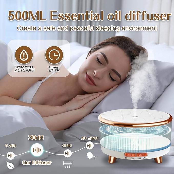 Essential Oil Diffusers for Home 500ml,Aromatherapy Diffusers for Essential Oils Large Room with 7 Colors Lights & 3 Mist Mode Waterless Auto Off,Cool Mist Humidifiers for Decor，White