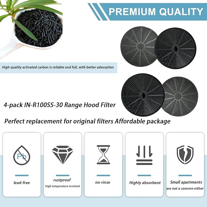4 Pack Activated Carbon Range Hood Filter - Fits Hau-slane IN-R100SS-30/WM-530SS/WM-538SS/WM-590SS/WM-630SS/CFI001/CFI007-40% Faster Odor Reduction - No-Tool Snap Install