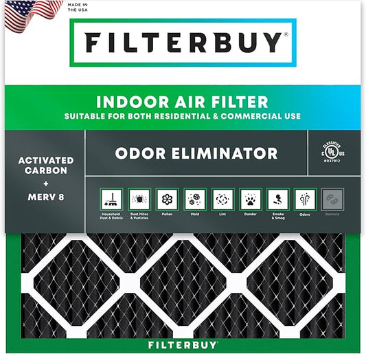 Filterbuy 12x12x1 Air Filter MERV 8 Odor Eliminator (1-Pack), Pleated HVAC AC Furnace Air Filters Replacement with Activated Carbon (Actual Size: 11.75 x 11.75 x 0.75 Inches)