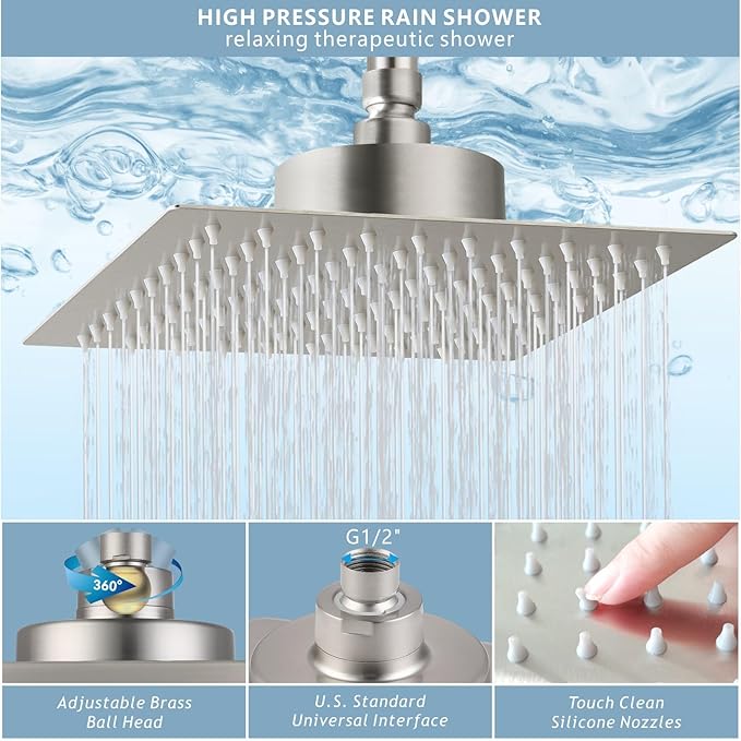 High Pressure Rain Shower Head with Filtered - 8" All Metal Square Showerhead Filter for Remove Chlorine and Harmful Substances, Brushed Nickel