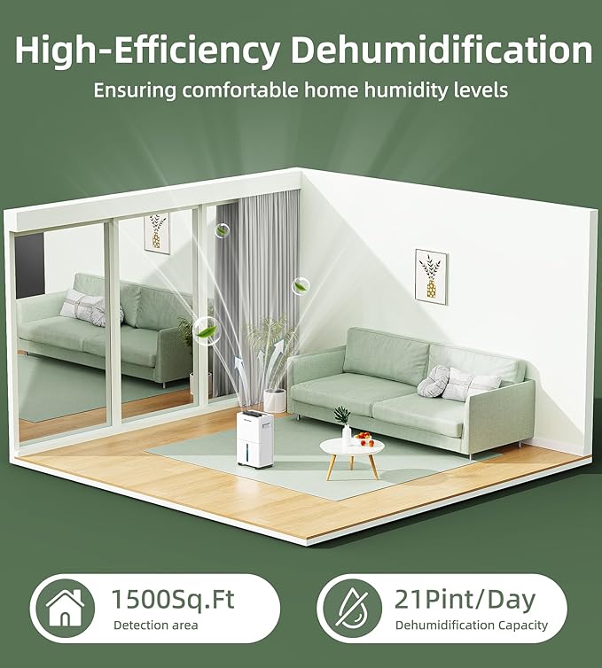 Bicepos 1500 sq.ft Dehumidifier for Basement, 21 Pints Dehumidifiers for Home with Drain Hose, Continuous Drainage, Auto Defrost, Intelligent Humidistat for Bedroom, Large Room, White