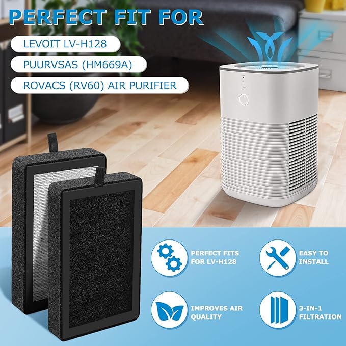 6 Pack LV-H128 Replacement Filter Compatible with LEVOIT LV-H128 / PUURVSAS (HM669A) / ROVACS (RV60) Air Purifier, 3-in-1 HEPA and Activated Carbon Filters, Replace Part #LV-H128-RF