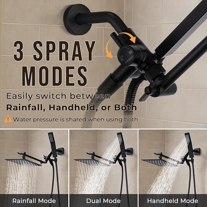 G-Promise All Metal 8 Inch Dual Square Shower Head with Handheld Spray Combo, Rain Shower Head, Adjustable Extension Arm, 3-Way Diverter, 71 Inch Extra Long Hose - A Bathroom Upgrade (Matte Black)
