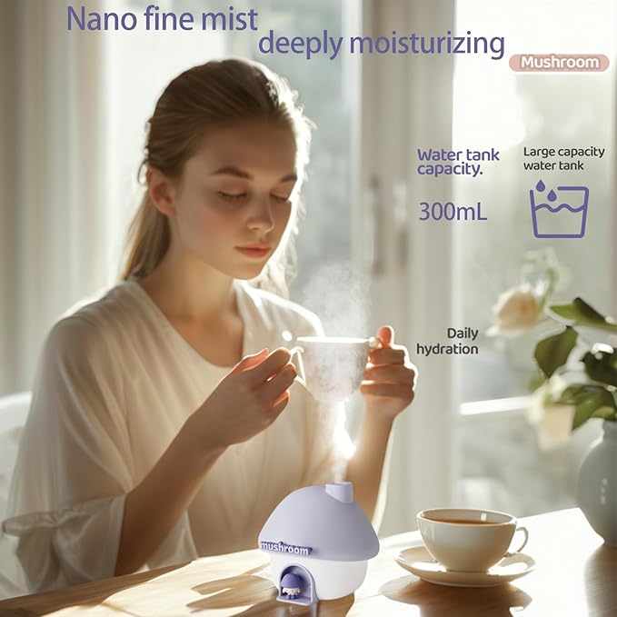 Portable Mini Humidifier, 300ml Small Cool Mist Humidifier, Personal Desktop Humidifiers for Baby Bedroom Travel Office Home,7 Modes of sunset atmosphere light, 2Modes of night light