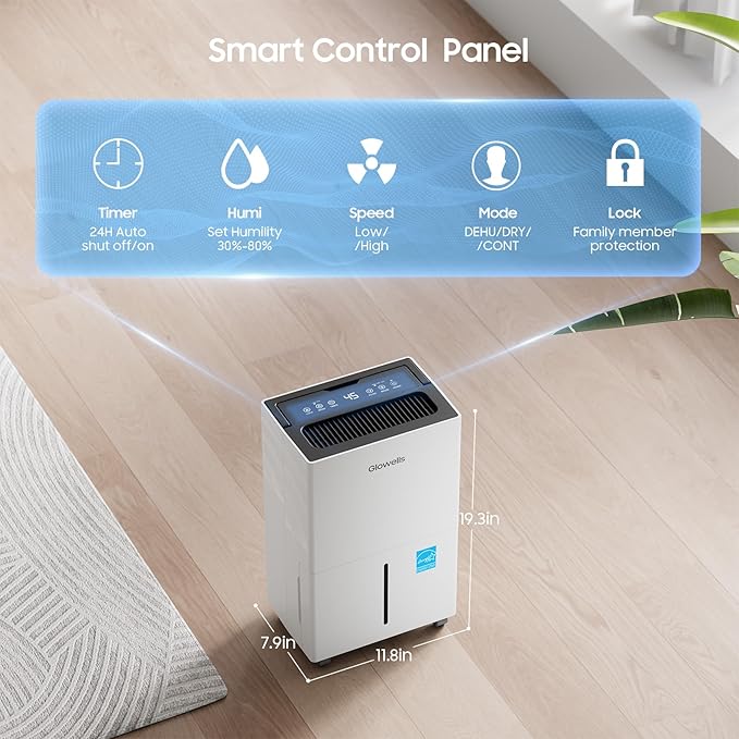 4500 Sq.ft Energy Star Dehumidifier for Home Basement, Glowells 52 Pints Large Room Dehumidifier with Drain Hose & Water Tank 0.58 Gal, Dehumidifiers with Smart Humidity Control, Auto Defrost