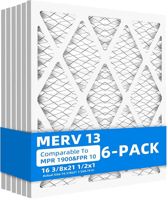 (6 Pack) 16 3/8x21 1/2x1 Furnace Air Filters, MPR 1900 & FPR 10, MERV 13 Pleated Air Filter (Actual Size: 16 3/8"x21 1/2"x3/4")