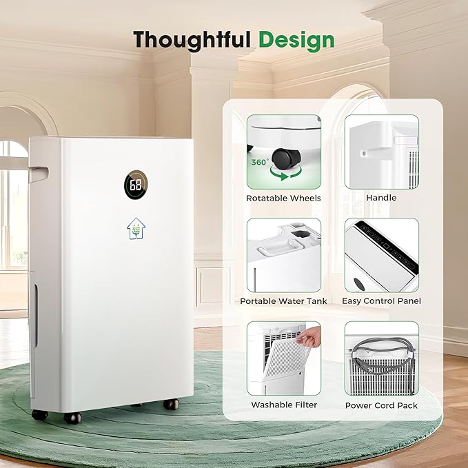 6,500 Sq.Ft Dehumidifier with Drain Hose, 60 Pints Narrow Dehumidifiers for Basement Bedroom Bathroom Large Room Home – Smart Humidity Control, 3 Modes, Dry Clothes, 24H-Timer, Auto Defrost