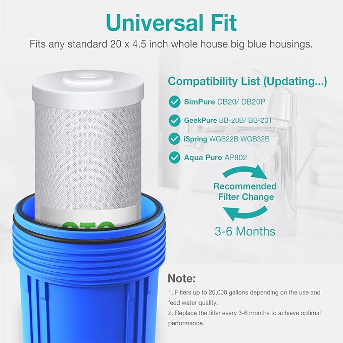SimPure Whole House Water Filter, 20" x 4.5" BB Activated Carbon Block Filter Replacement Cartridge Coconut CTO Filter (4 Pack)