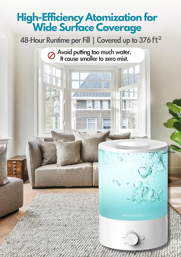 MegaWise Ultrasonic Cool Mist Humidifier | Quiet Operation, Top Fill, Auto Shut-Off | Ideal for Bedroom, Baby Room, and Plants (3.5 L)