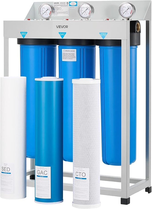 VEVOR Whole House Water Filter System, 3-Stage | Sediment, GAC, CTO | 20 x 4.5 Granular Activated Carbon Home Water Purifier Filter, Reduce Chlorine, Chemicals, VOCs, Bad Taste, Odor, Rust