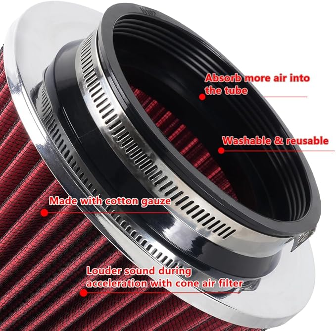 4-Inch Cold Air Intake Filter - Washable, High Performance, 3" or 3-1/2" or 4" Clamp-On Replacement Air Filter Red