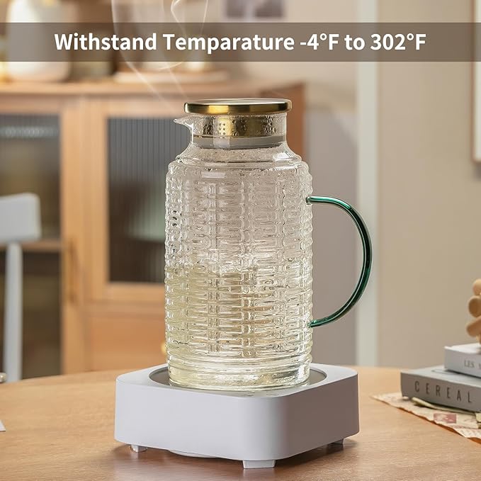 Glass Pitcher with Lid,84 oz/2.5 Liter Vintage Water Pitcher, Clear Borosilicate Glass Water Carafe for Cold Brew, Coffee, Lemonade, Iced Sun Tea, Juice, Beverage, Milk, Heat Resistant
