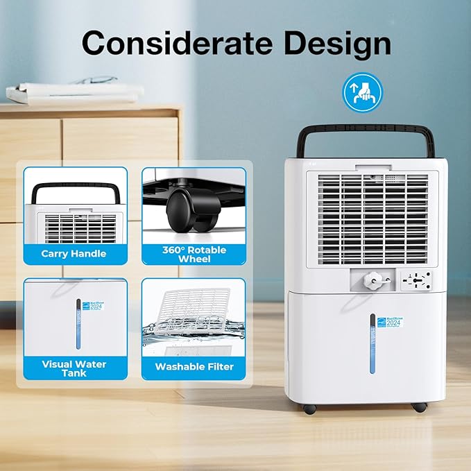 5000 Sq.Ft Dehumidifier for Basement with Drain Hose, PLUSCENT Max 52 Pint/Day Dehumidifiers for Home Bedroom Bathroom, 4 Modes, Smart Humidity Control, Auto Restart, Auto Defrost, 24H Timer