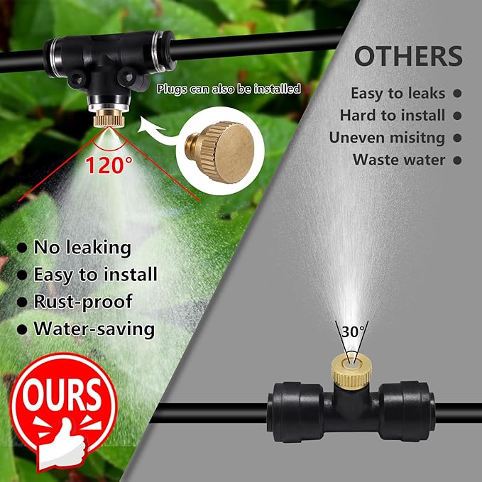 12 Pack Brass Misting Nozzles Outdoor Cooling System with 12 Heavy Duty Misting Nozzle,12 Tees,2 Brass Plugs,2 Black Plugs for Outdoor Cooling system