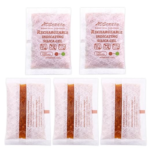 Adsorbco Rechargeable Desiccant, Indicating Silica Gel Packets, Moisture Absorbers for Storage, Gun Safe Dehumidifiers (5, 50g)
