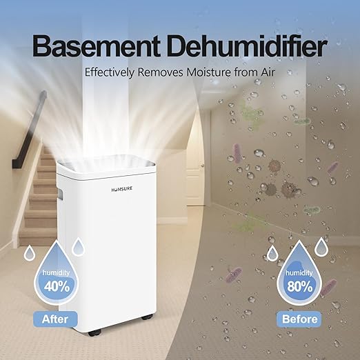 Humsure Dehumidifier 30 Pint 1500 Sq Ft, Dehumidifiers For Home, Dehumidifier With Drainage Hose In Basement Bathroom And Bedroom, Intelligent Humidity Control With 24 Hour Drying Timer
