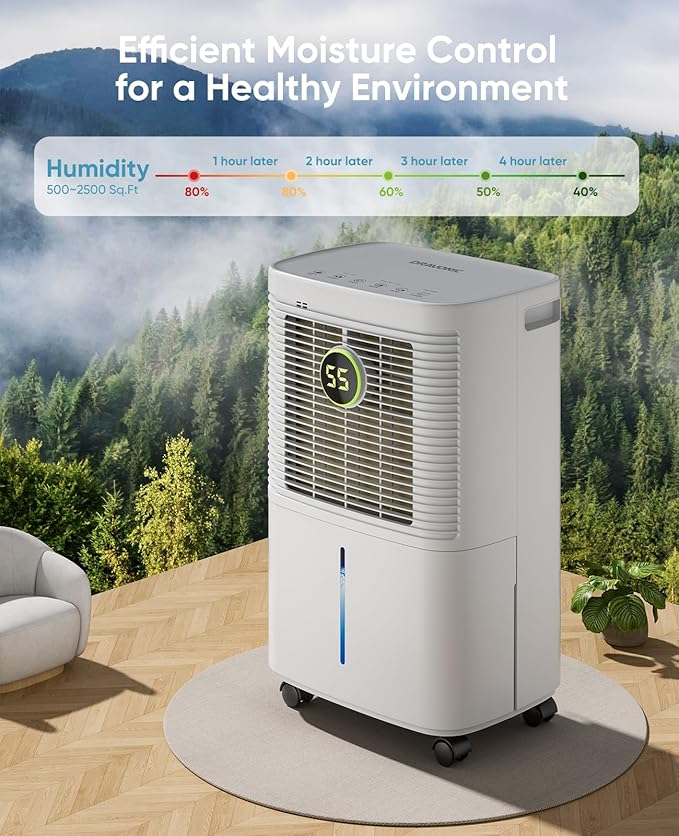 34 Pint Dehumidifiers for Home, Basement, Bedroom, Bathroom, 2500 Sq.ft Dehumidifier with Drain Hose, Smart Humidity Control & Display, 3 Operation Modes, 24H Timer, Child Lock (White)