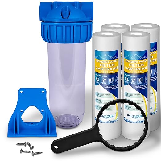 10 Inches Transparent Standard Whole House Water Filter System with Presser Relief Valve, 3/4” Inlet/Outlet Brass Port and Yearly Supply (4) Sediment Cartridges 5 Micron